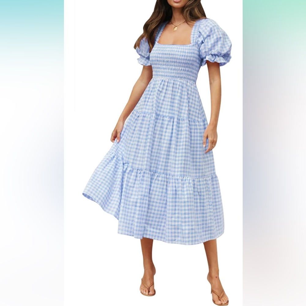 NWT Bohemian Summer Plaid Square Neck Puff Sleeve Ruffle Flowy Beach Midi Dress